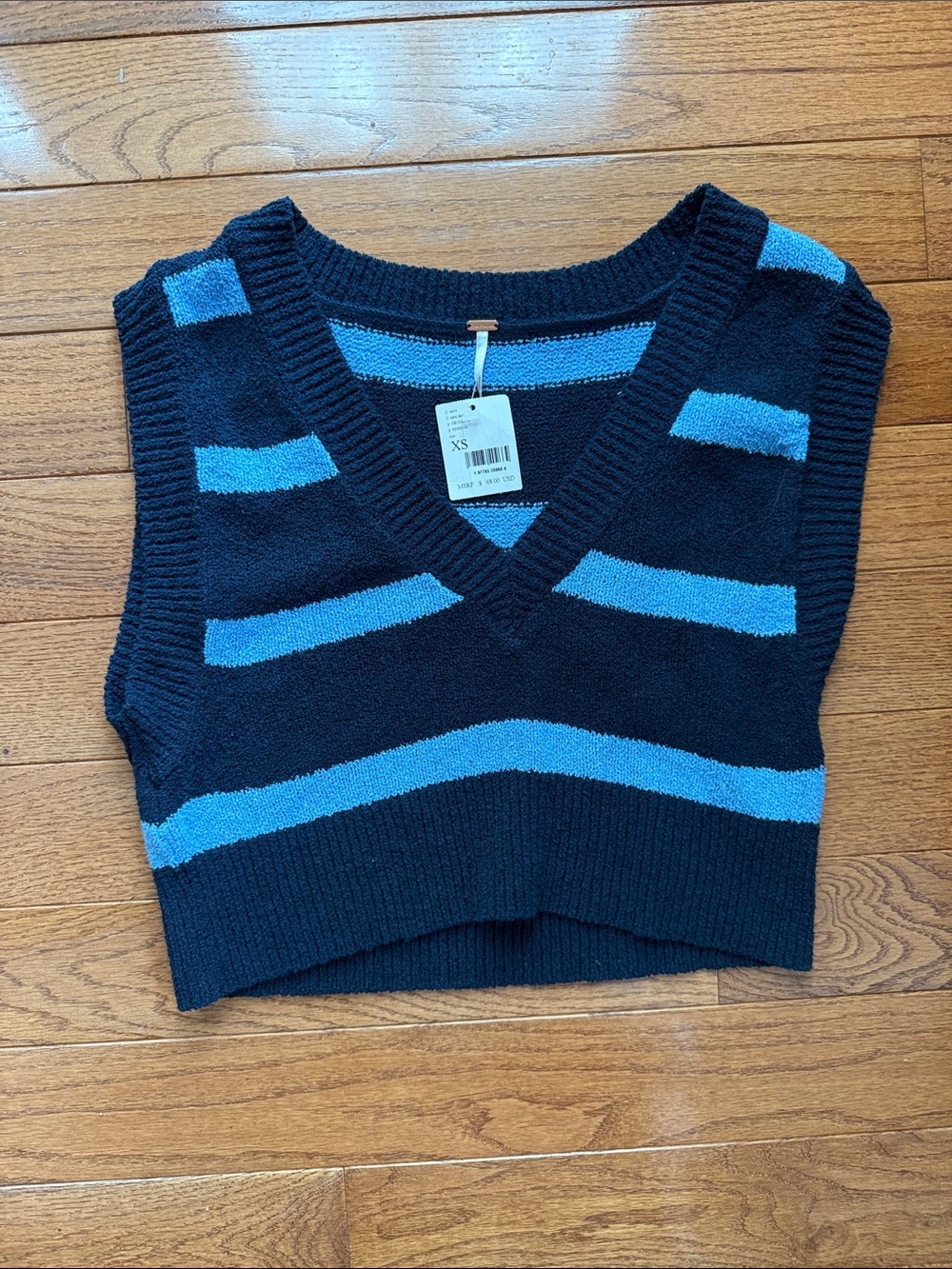 Free People Black and Light Blue Striped V-Neck Sweater Vest